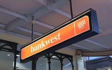 A Bankwest branch sign hanging from the ceiling