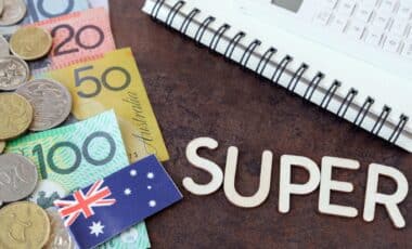 Some Australian Dollar Bills and Coins, Word "Super" written in White, a Copybook and a Calculator (Image: Bigstock)