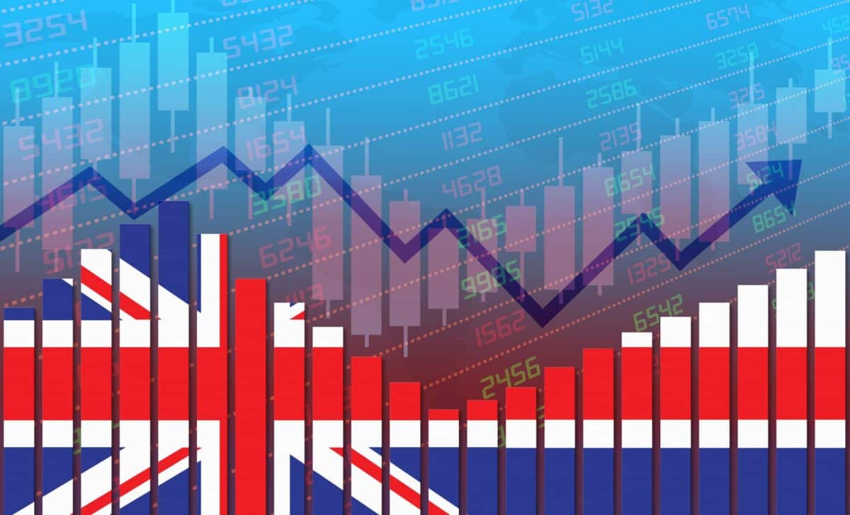 British Flag on Bar Chart Symbolizing UK Economy Growth and inflation