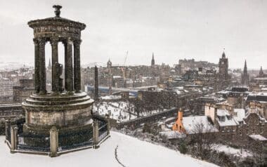 Arctic-snowy scene in Edinburgh, with a stunning view from Calton Hill