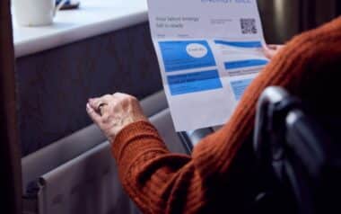 DWP-person holding an energy bill while sitting near a radiator