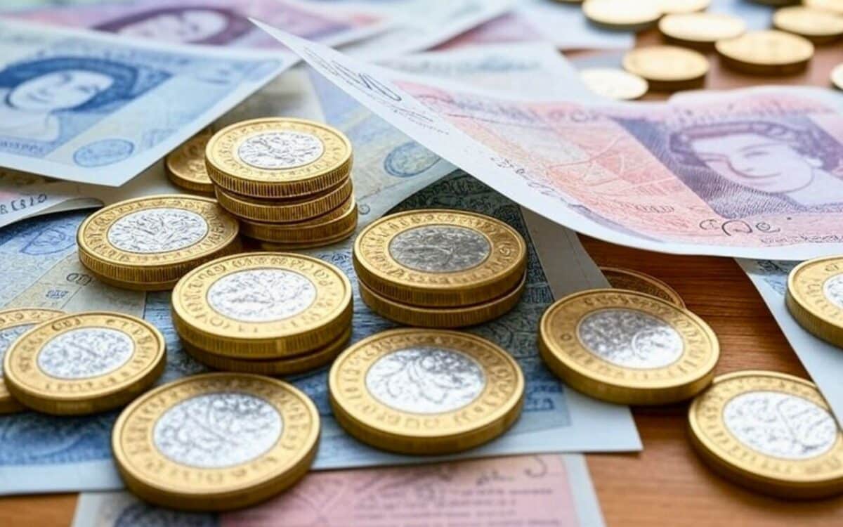 Households-British Pound Notes and Coins Displayed on a Wooden Surface