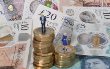 Households-stacks of British pound coins alongside miniature figurines of a man and a woman