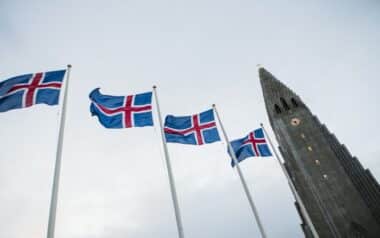 Iceland-Icelandic Flags Flying High Near Hallgrímskirkja