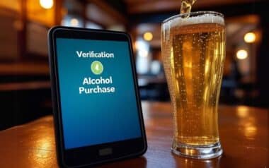 Tablette affichant un digital ID pour Achat d'alcool à côté d'un verre de bière