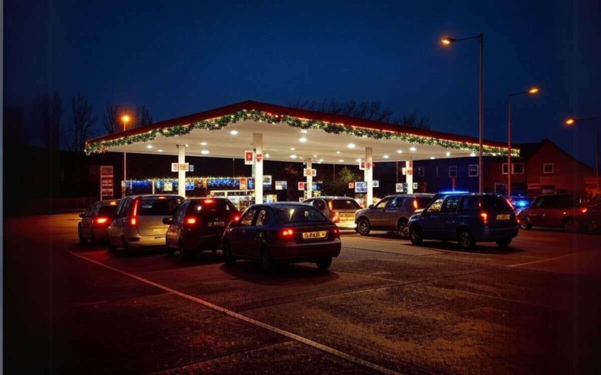 UK drivers waiting in line at a petrol station