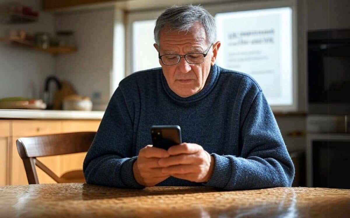 an older man looking at his smartphone, possibly seeking information related to first-time buyers.