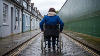 A person using a mobility aid benefiting from PIP payments