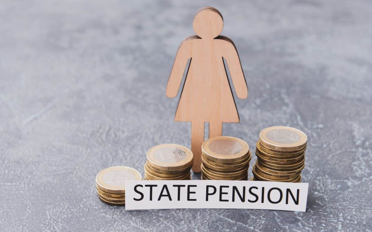 Female Figure with Coins and Text STATE PENSION on Dark Background