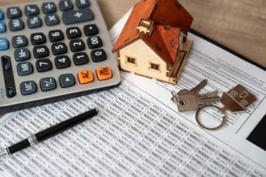 Homeowners-calculator, a miniature house, keys, a pen, and financial documents, symbolizing mortgage planning and homeownership