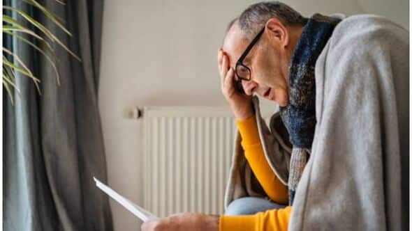 Households-Middle-aged man sitting indoors, appearing distressed as he reads a piece of paper