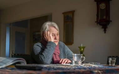 Pensioners-elderly woman sitting at a table, her expression reflecting a sense of sadness or contemplation