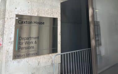 the entrance to Caxton House, the headquarters of the Department for Work & Pensions (DWP)