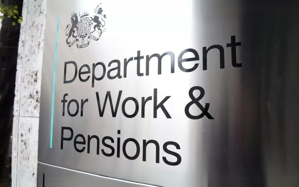 close-up of a sign for the Department for Work & Pensions (DWP)