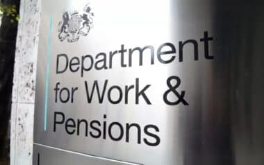close-up of a sign for the Department for Work & Pensions (DWP)