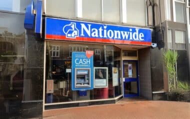 A Nationwide branch storefront featuring a cash machine