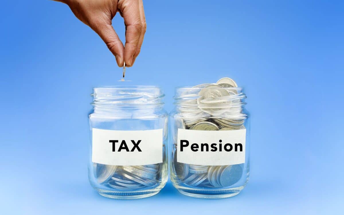 Two jars labeled "TAX" and "Pension," with coins inside each