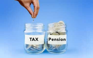 Two jars labeled "TAX" and "Pension," with coins inside each