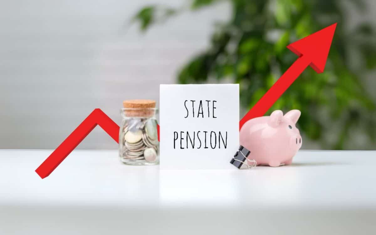 A sign labeled "State Pension" with a jar of coins and a piggy bank