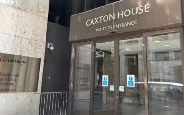 The entrance to Caxton House, which houses the Department for Work & Pensions (DWP)