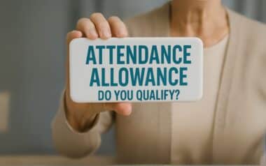 A person holds a rectangular sign reading “Attendance Allowance "