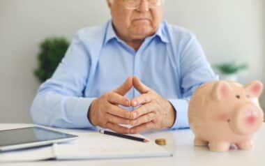 Senior Man at Desk with Notebook, Tablet and Piggy Bank Managing Personal Finance