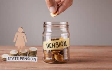 State pension savings with coins, a jar, and a female figure