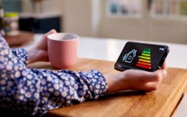 Woman Holding Smart Energy Meter in Kitchen Measuring Energy Efficiency