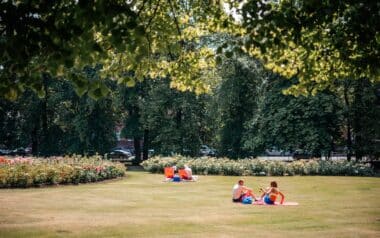 People Are Sunbathing on the Grass in the Park in the UK