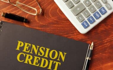Calculator, Eyeglasses, and Book with Pension Credit Text