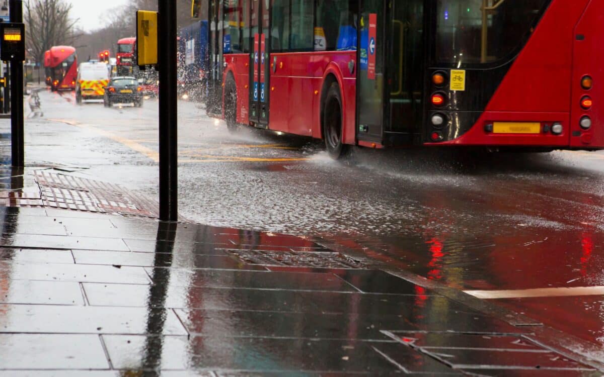 London Bus in Heavy Rain