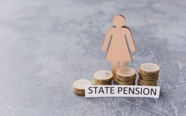 Female Figure with Coins and Text STATE PENSION on Dark Background