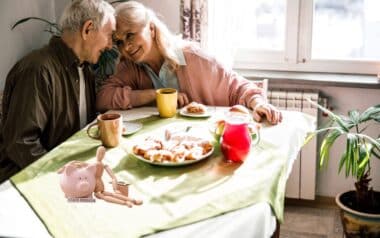 Pensioners, Piggy Bank with Mannequin, Money and Text STATE PENSION on Table