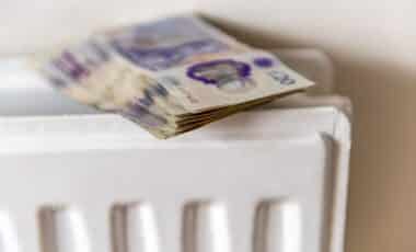 Stack of banknotes, specifically £20 notes, resting on a white radiator.