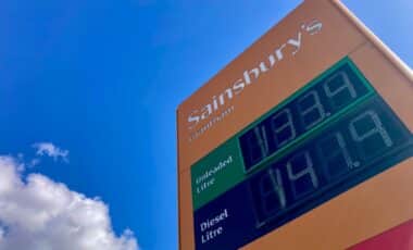 A Sainsbury's Petrol Station Sign Showing Fuel Prices