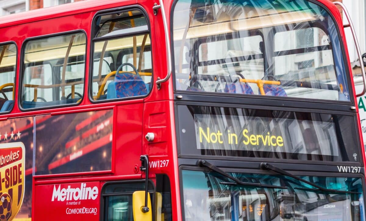 Double-decker bus displaying a Not in service sign in London