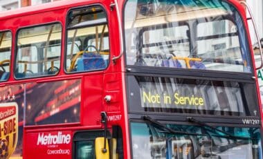 Double-decker bus displaying a Not in service sign in London
