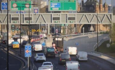 Traffic approaching the new Silvertown tunnel in Greenwich, London