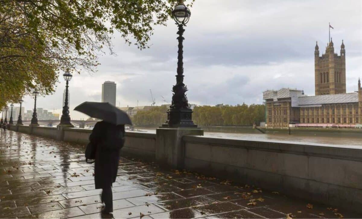 Weather : A Man Walking In The Rain Holding An Umbrella