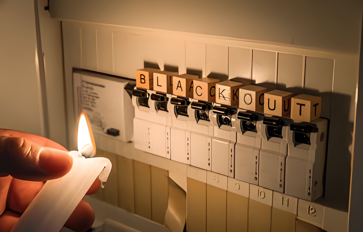 UK : Distribution Panel During A Blackout Illuminated By A White Candle Holding A Man With The Word Black Out In Text