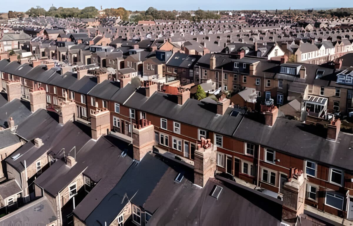 Aerial View Of Old Terraced Housing In Secluded Streets On The Outskirts Of A Large British City In The North Of England