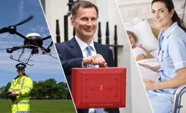 Budget 2024 : Montage Of A Police Drone, Jeremy Hunt, Nhs Nurse