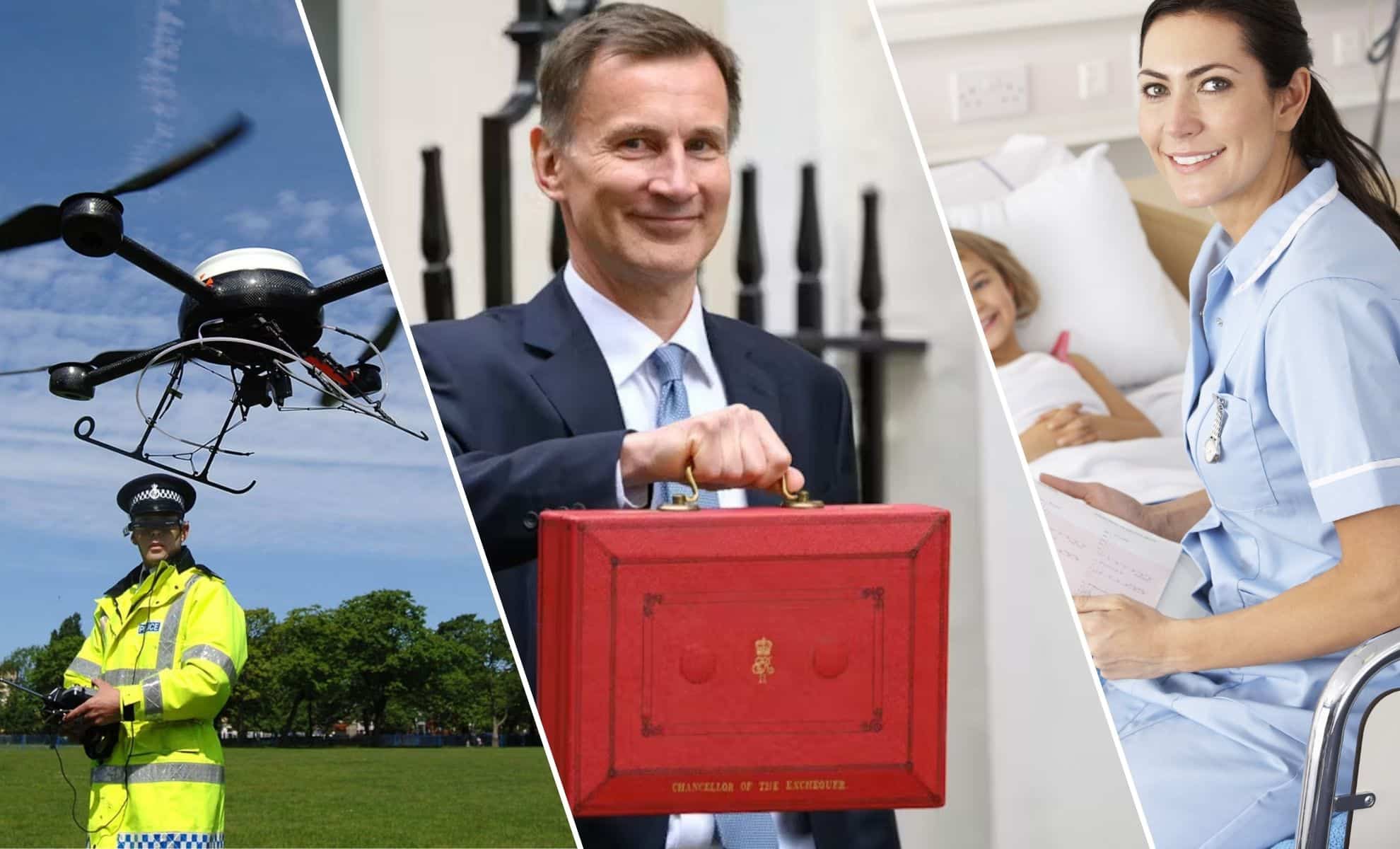 UK Budget 2024 800M Allocated To NHS And Police Technology Reforms   Montage Of A Police Drone Jeremy Hunt NHS Nurse 