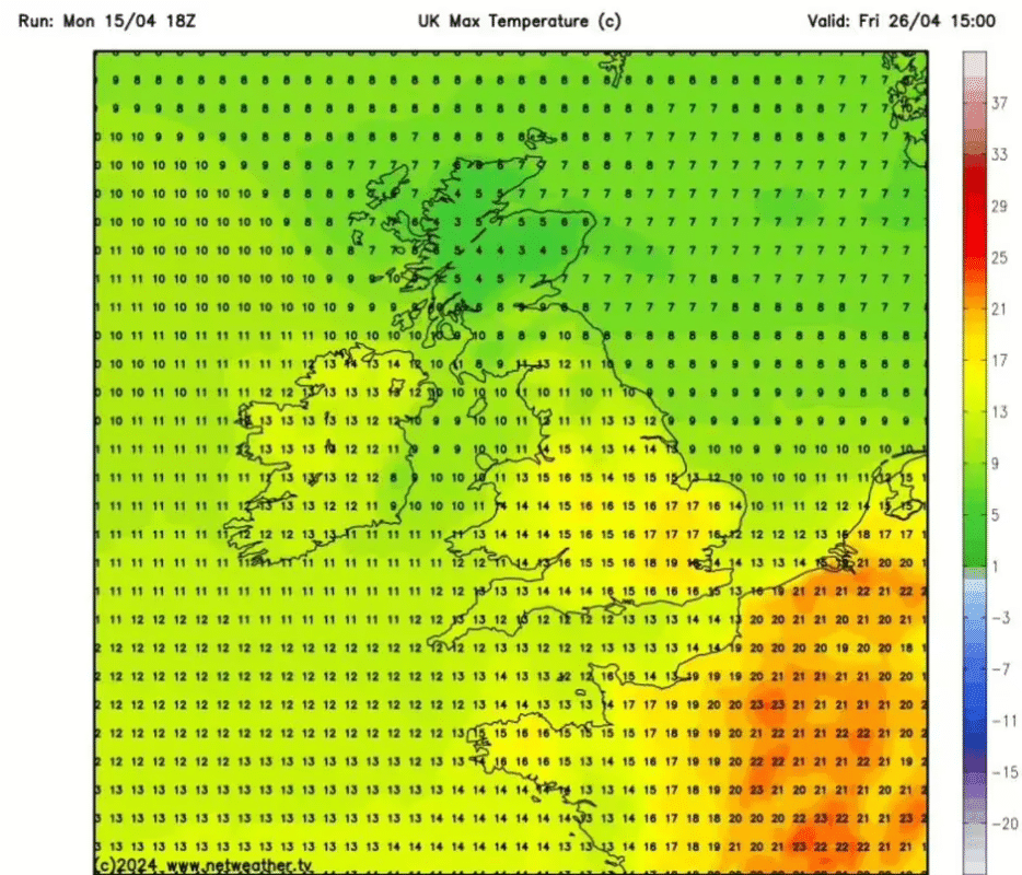 Mid To High Range Temperatures Across The Uk At 3pm On 26 April.