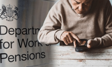 Pension Credit Photograph Of A Man Counting His Money And A Dwp Banner