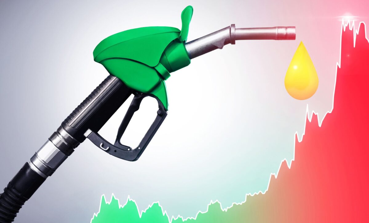 Fuel Nozzle and Rising Chart Showing UK Petrol Prices' Increase