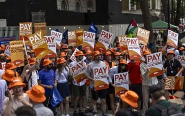 Junior Doctors Strike On A Picket Line Outside Downing Street In London