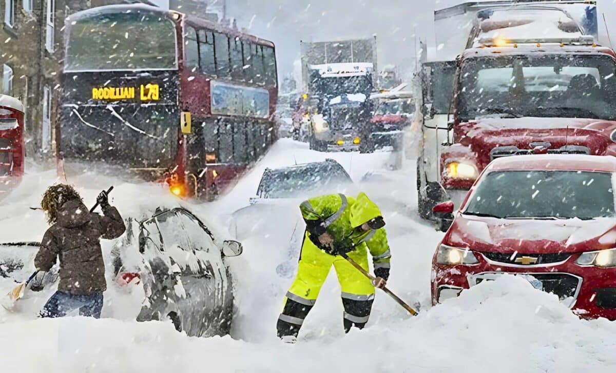 A Snowy Urban Scene Where Vehicle Are Stuck In The Snow Because Of Storm Bert