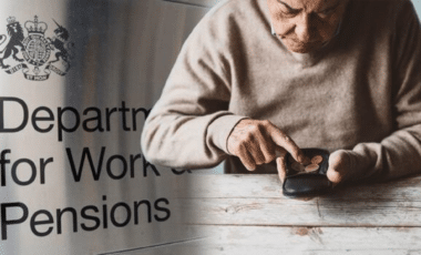 State- pension-Photograph Of A Man Counting His Money And A Dwp Banner