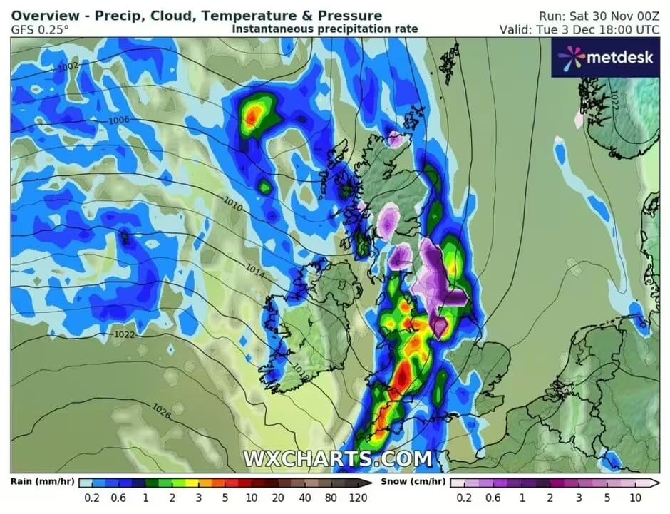 This Map Shows Snow And Rain Across Much Of The Uk At 6pm On December 3